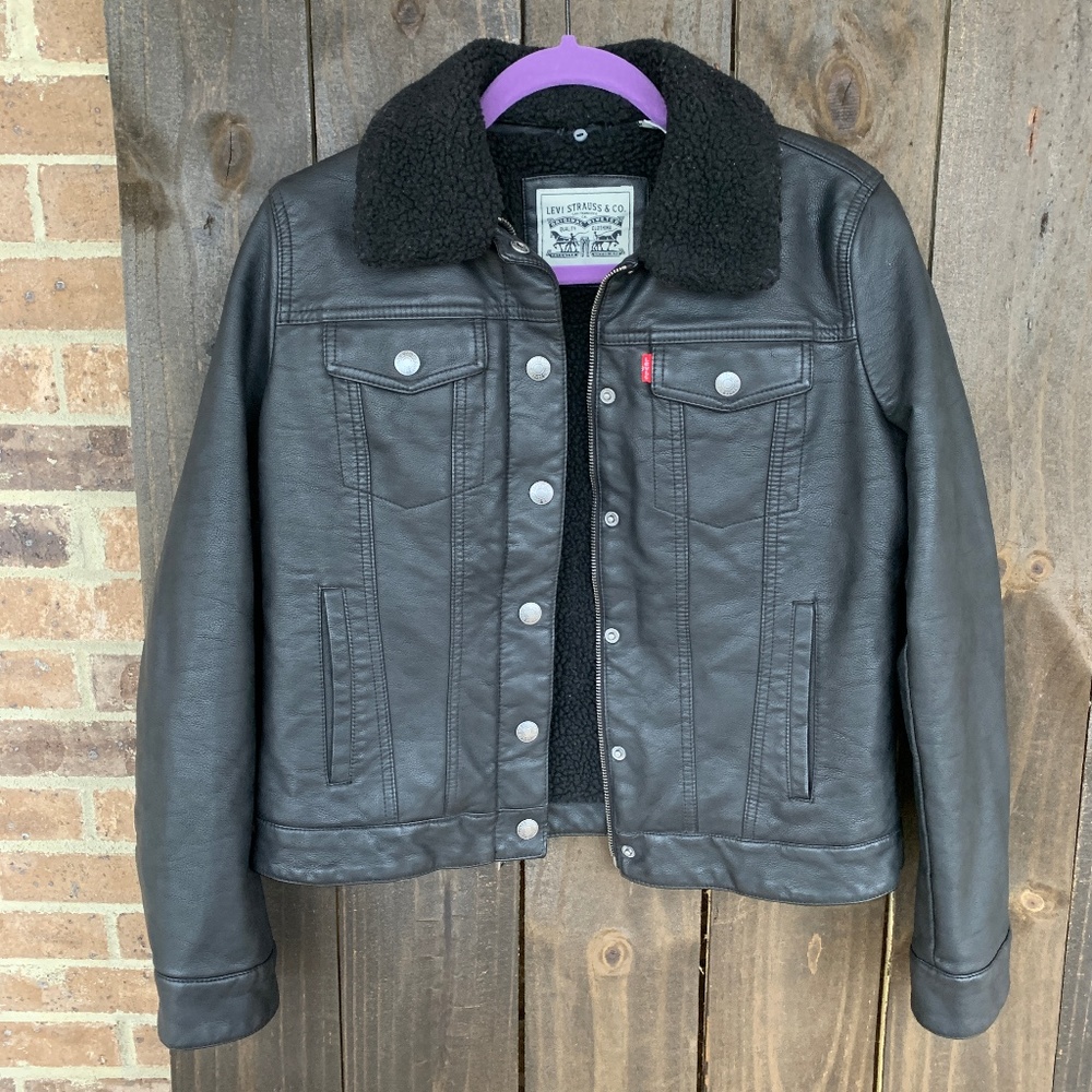 Levi's Black Faux Leather Sherpa Trucker Jacket S